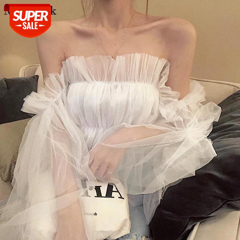 

2021 Autumn Sexy Women Tops and Blouse Off Shoulder Lace Womens Blouses Flared Sleeve Sweet Mesh Women Shirts Blusas 10269 #mE8q, White