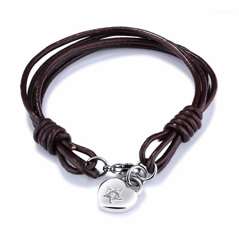 

LOULEUR New Brown Genuine Leather Bracelet for Men Women Fashion Stainless Steel Heart Charm Bracelet Men Female Jewelry1