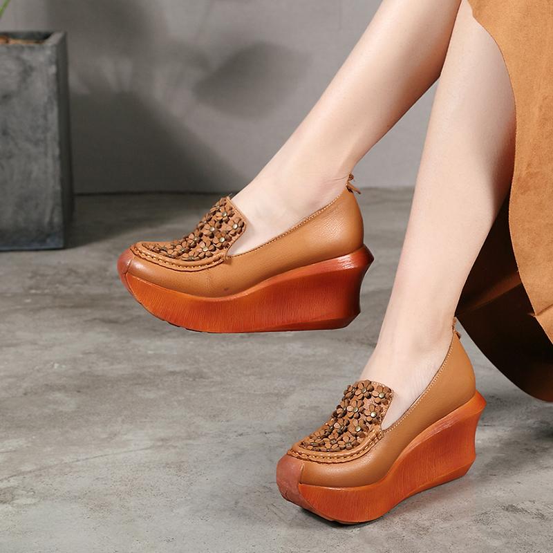 

VALLU Handmade Shoes Women Pumps Platform Wedges Flower Genuine Leather Female High Heel Shoes 2021 Spring, Brown