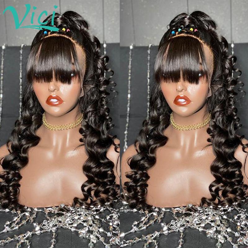 

Loose Wave Wig With Bangs 360 Lace Frontal Wig Pre Plucked With Baby Hair Brazilian Hair Wigs For Black Women Can Do Bun VICI, As pic