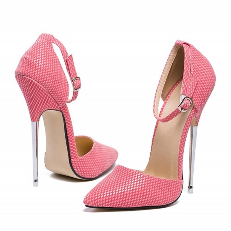 

2020 New Pointed Metal Stiletto High Heel Sexy Runway Pumps Women Shoes Plus Size 46 Snake Print Buckle Pink Office Party Shoes, White as pic