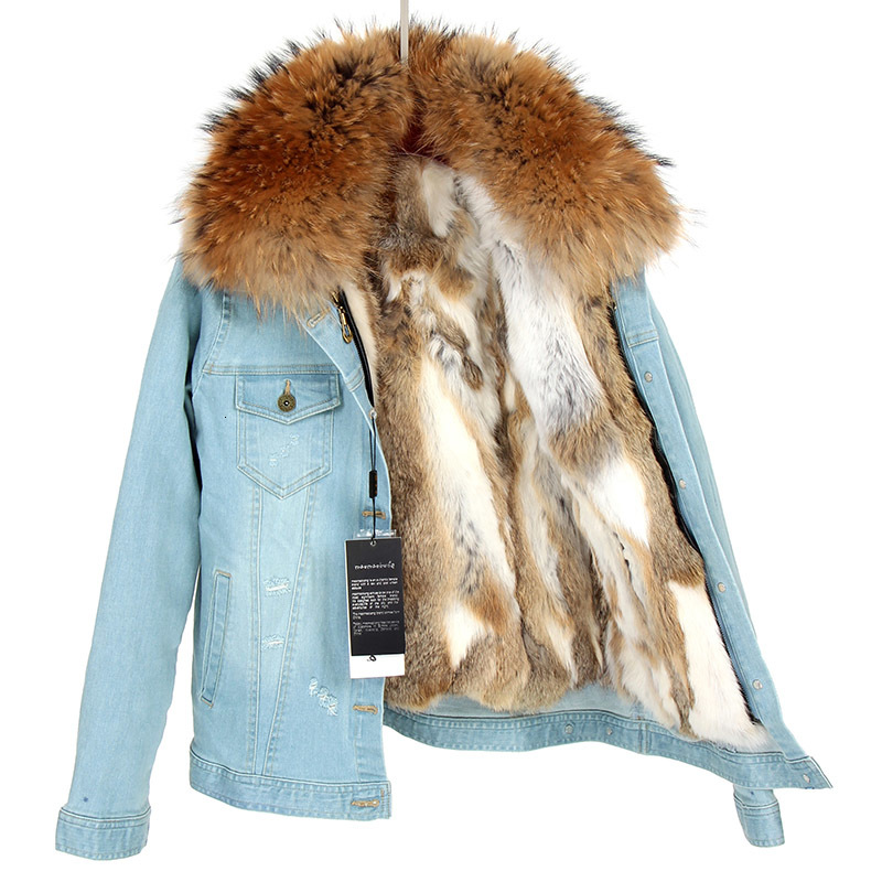 

2021 New Female Fashion Label Girl Coat Denim Real Rabbit Lining Thick Raccoon Skin Collar Bomber Jacket Keep Warm M7WK, Beige