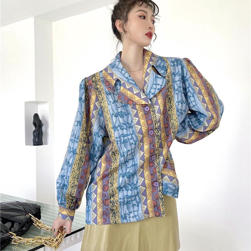 

Autumn 2020 Women Vintage 90s Design Lapel Print Shirt Long Sleeve Top Button Up Blouse Fashion Designer Clothing, Blue