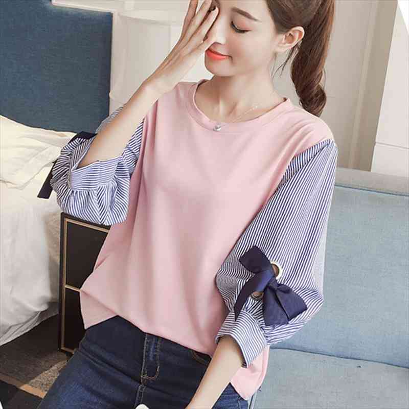 

Spring Autumn Cotton Tops Patchwork Striped Lantern Sleeved With Bow Blouse Women Korean Style Fake Two Pieces Pink Black, White