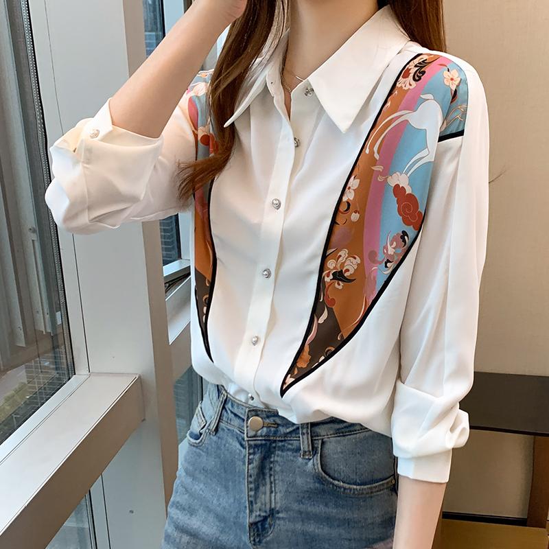 

Splicing Printing 2021 Spring Korean Fashion Women Joker Easy Leisure Long-Sleeved Shirts Frock Flower Blouse Button Office Lady, White