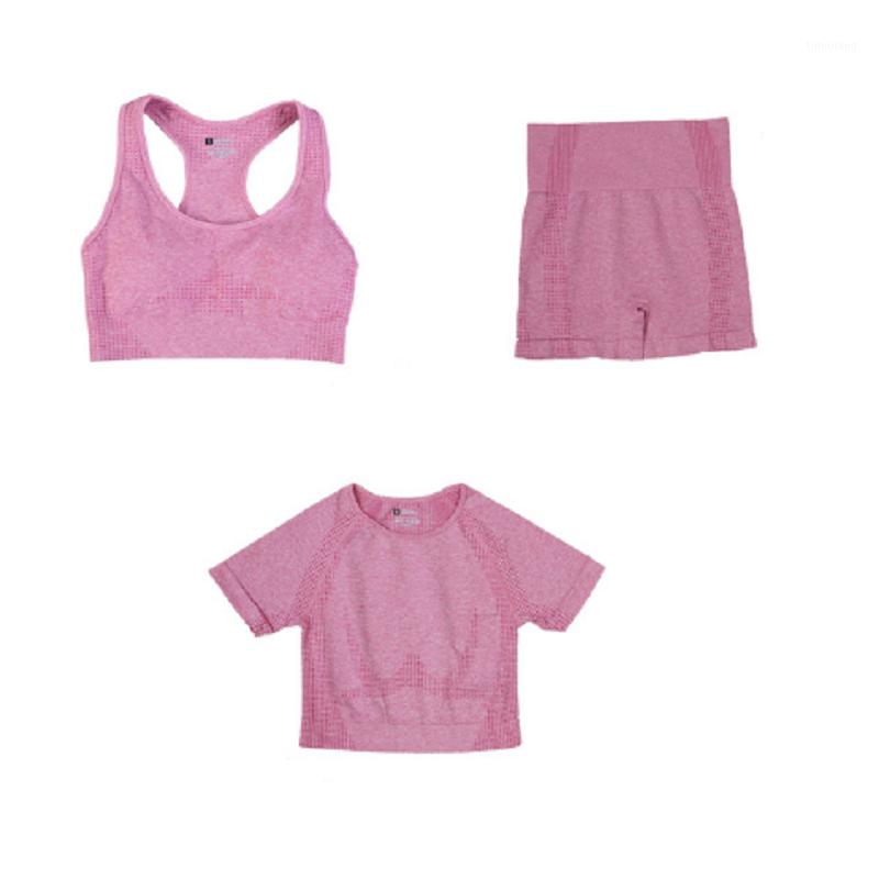 

3pcs/set Seamless Women Yoga Set Gym Clothes Fitness Top Short Sleeve Shirt High Waist Shorts Bra Sports Suits Athletic Wear1, Black