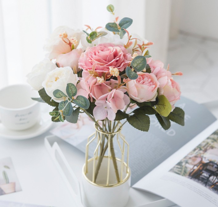 

Wedding simulation flower bouquet artificial flower living room home decoration ornament plastic rose bundle silk flowers, As pic