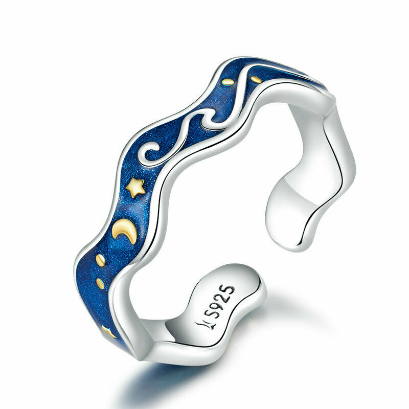

Unique Blue Enamel Women 925 Sterling Silver Adjustable Finger Ring starry Night from Van Gogh