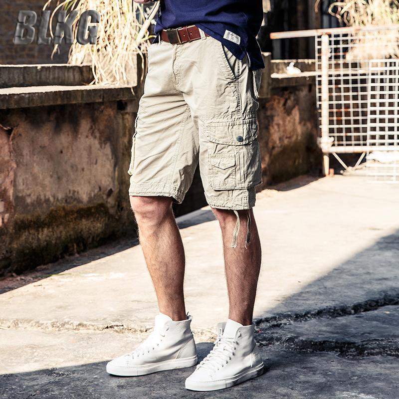 

Summer Cargo Shorts Men Casual Straight Solid Color Bermuda Masculina With Many Pockets Knee Length Cotton Mens Shorts 29-40, Black
