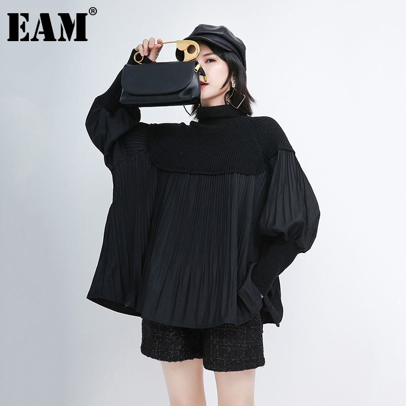 

[EAM] Black Pleated Big Size Knitting Turtleneck Sweater Loose Fit Long Sleeve Women New Fashion Tide Autumn Winter 2021 1DA681 210203, Coffee color