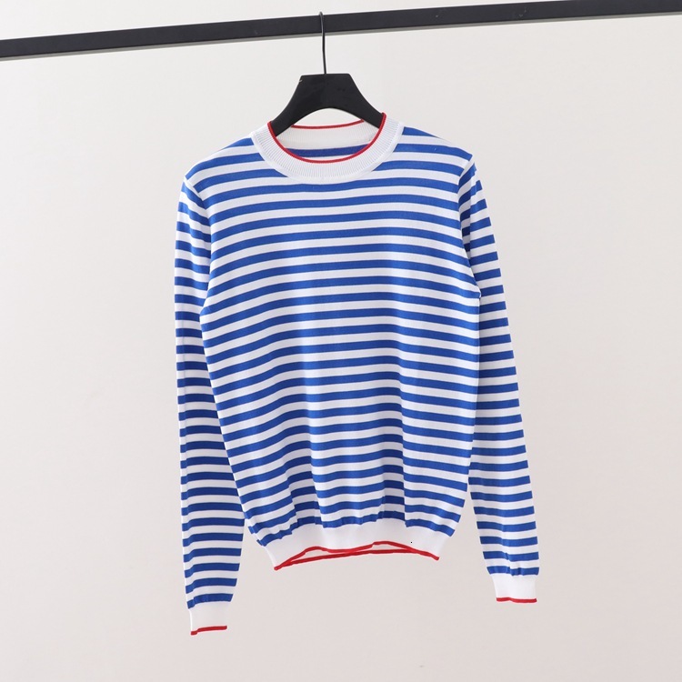 

2021 New Women Knitted Striped Pullovers Long Sleeves Basic Sweaters Loose Warm Tricot Autumn Winter Korean Knit Tops Blue 3nyt, Dark blue