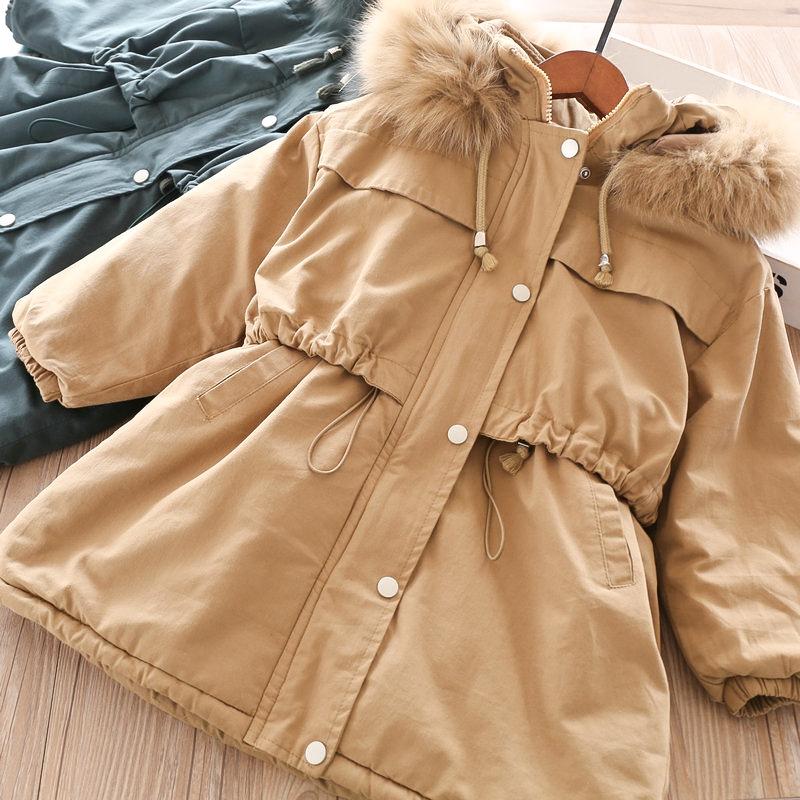 

Girls' Windbreaker Plus Velvet with Drawstring In Autumn and Winter, Khaki