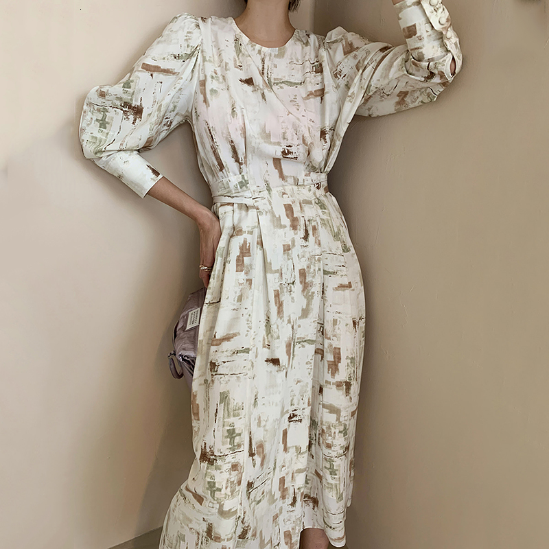

2021 New Elegant Ladies Office Spring Fashion Print Women Slim Midi Vestidos Ol Autumn Es R2su, Green