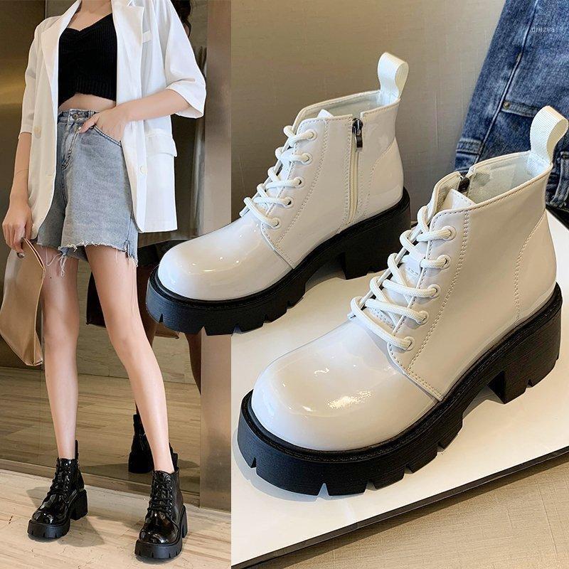 

Winter Shoes Women Boots Round Toe Flats Black Leather Platform Boots for Women Snow Winter 2020 Botas Mujer1, White