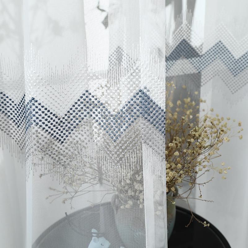 

Modern Wave Blue Embroidered Ripple Sheer Tulle Curtains for Living Room Window Screen Gauze Yarn Bedroom Kitchen Drapes Panel, White