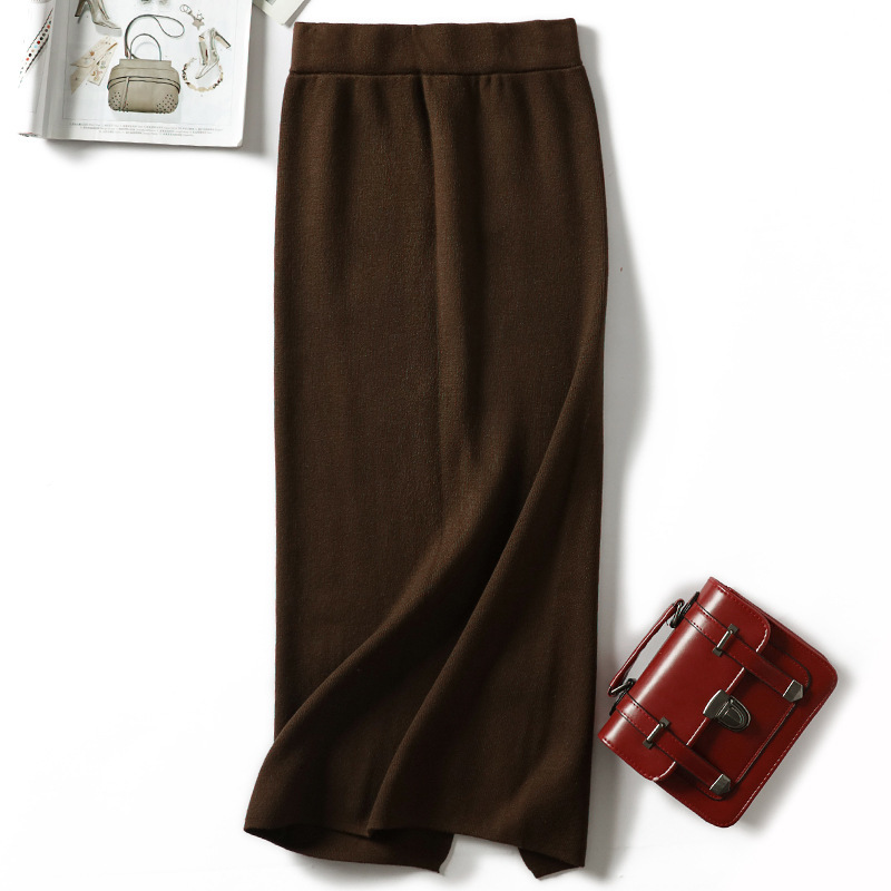 

2021 New Knee-length Autumn Winter Women Mink Cashmere Pencil Female Thick Midi Sweater Sexy Split Back Skirt Qqs3, Coffice