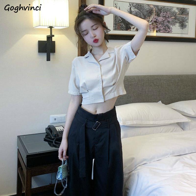 

Women Shirts Summer Solid Crop Top Single Breasted Short Sleeve Elegant Korean Trendy Leisure Loose Female Blouses Tees Ins New, White