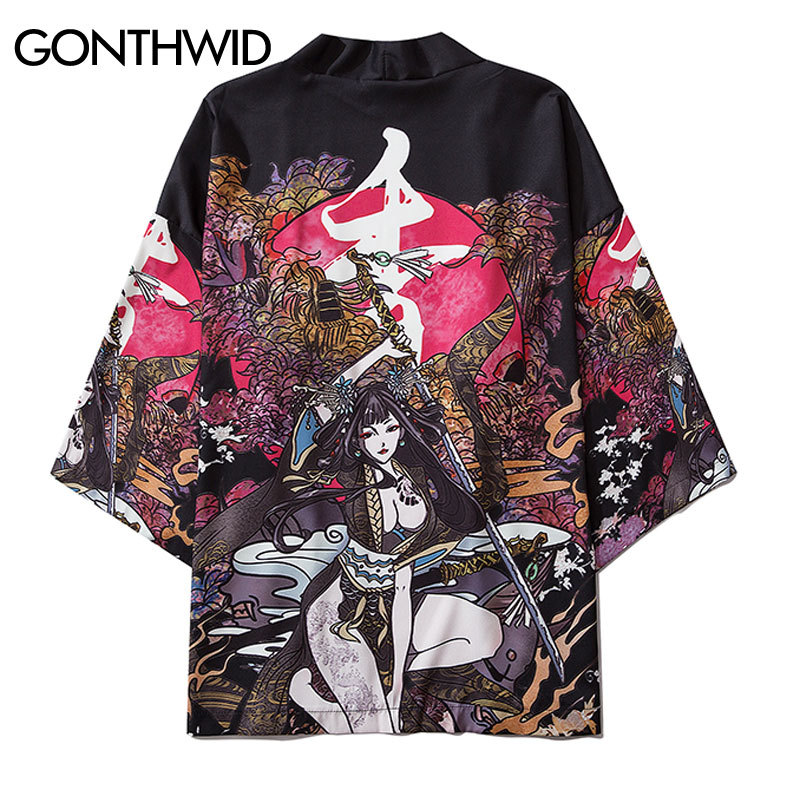 

Harajuku Japanese Samurai Girl Print Streetwear Kimono Cardigan Shirts Mens Hip Hop Casual Open Front Jackets Coat Tops, Kg-1