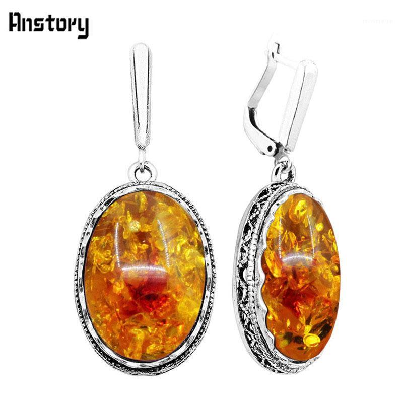 

Big Oval Flower Simulated Ambers Earrings Antique Silver Plated Party Hollow Special Hook Fashion Jewelry TE3571