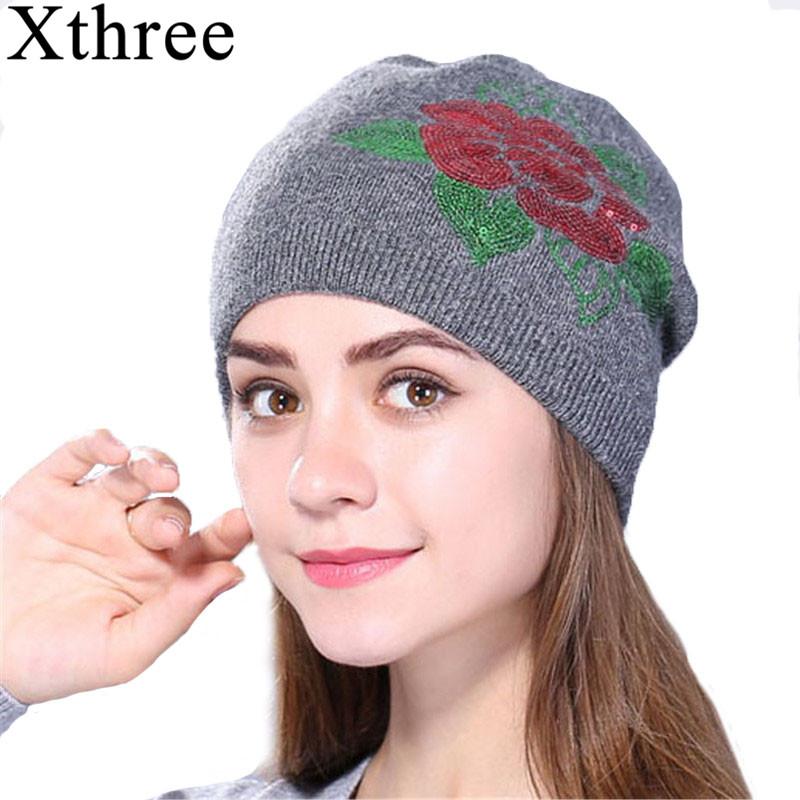 

Xthree Female Cashmere winter hat knitted Skullies Beanies hat for women wool embroidery flower girls gorros, Khaki
