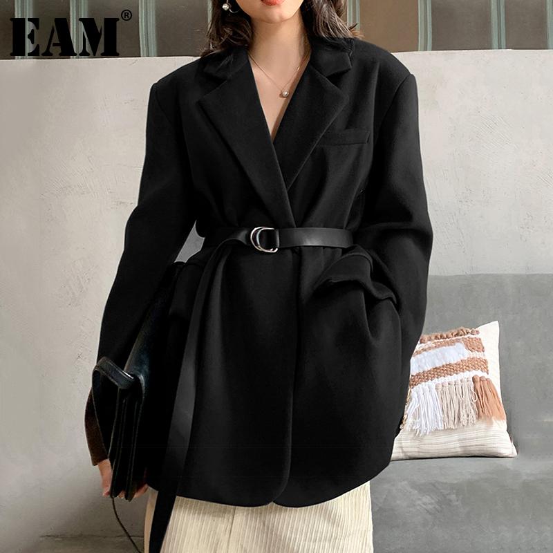 

EAM] Loose Fit Black Brief Big Size Shaped Woolen Coat Parkas New Long Sleeve Women Fashion Tide Autumn Winter 2020 1DD0422