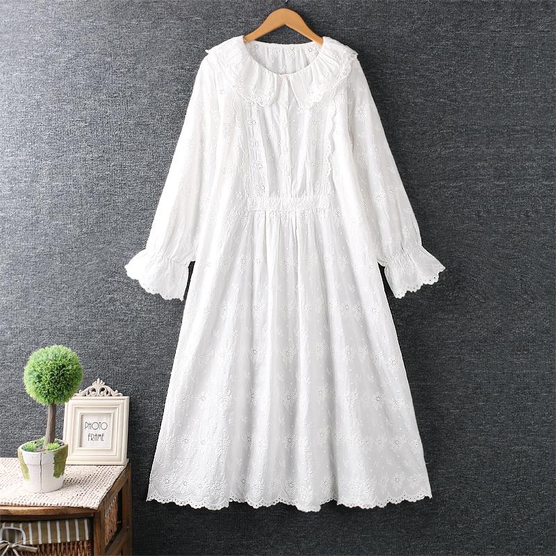 

Spring Women Dress Mori Girl Fresh Embroidery Turndown Collar Long Sleeve Loose Solid Color Long Dress Women, Beige