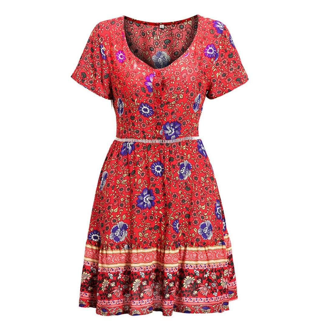 

Floral Large Swing Skirt V-neck Short-sleeved Dress SizeXXXL