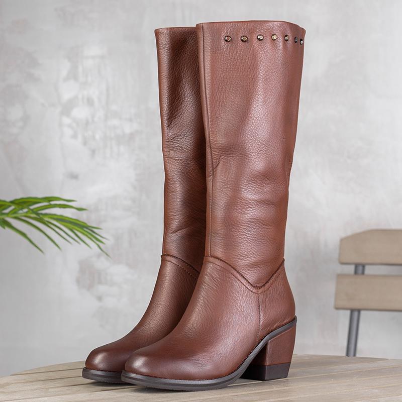 

Genuine Leather Long Boots 2020 New Autumn And Winter Womens Boots Top Layer Cowhide Knee-length Retro Rivets Riding, Black