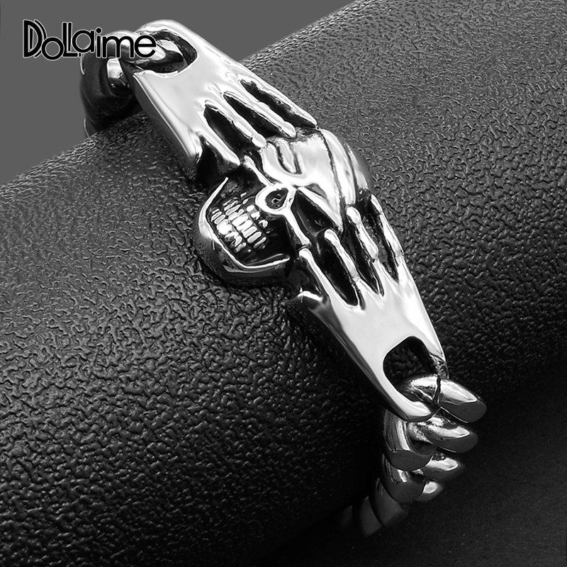 

Dolaime summer Hip hop Men Stainless Steel Silver Color Hand rubbed lobster clasp bracelet on both sides of the head B476