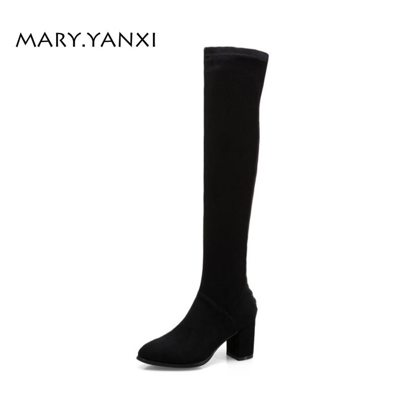 

Winter Women Shoes Over-the-Knee Long Boots Flock Nubuck Pointed Toe Big Size High Heels Zipper Cross-tied Short Plush Patchwork, Black