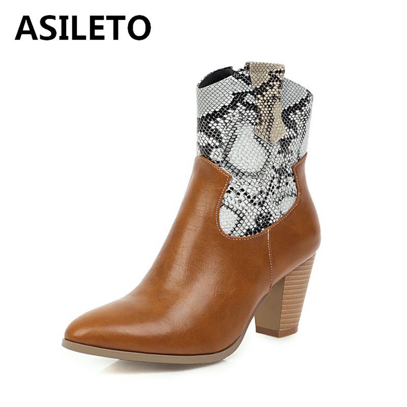 

ASILETO Pointed Toe Thick Heel Warm Leather Boots Short Plush Snow Pattern Size 34-47 Black Yellow Party Woman Shoes tênis femi