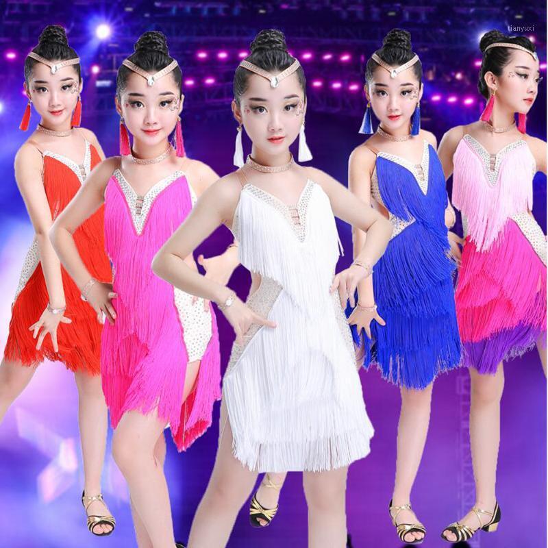 

Stage Wear Children Sequined Latin Dance Costumes Ballroom Salsa Dress Kids Tassels Performance Outfits Dresses For Girls1, White dress