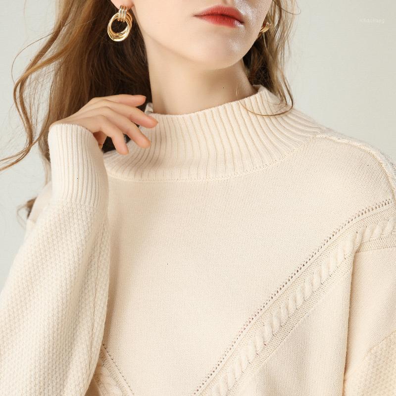 

Autumn Winter 2019 New Neck Sweater Semi-tall Women Fat Loose Sweaters Women Wearing Clothes1, Camel