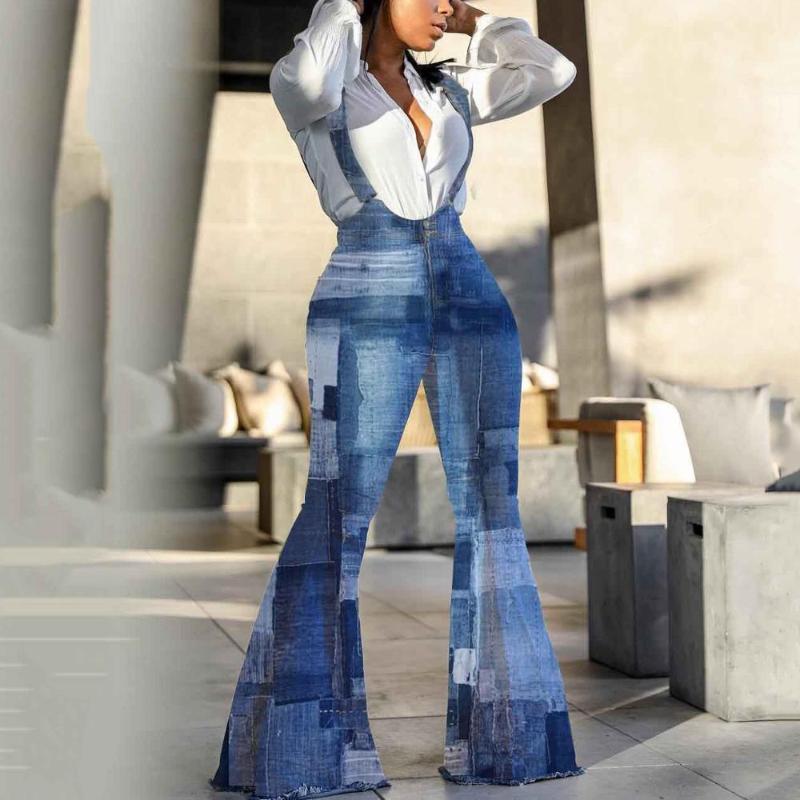 

Women Overalls Jumpsuits High Waist Blue Print Bell Bottom Big Size Elegant Fashion Street Wear Jumpsuits Overalls 2020 Hot New