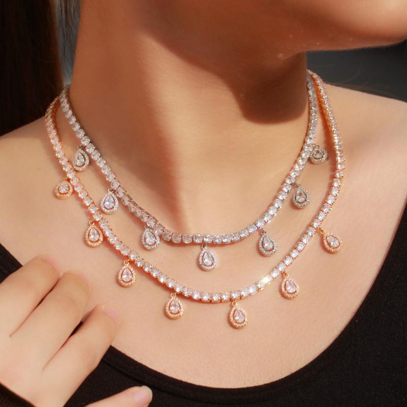 

Chokers CWWZircons Bling Tennis Chain Water Drop Cubic Zirconia Women Wedding Party Choker Necklace Gold Color Bohomian Jewelry CP072
