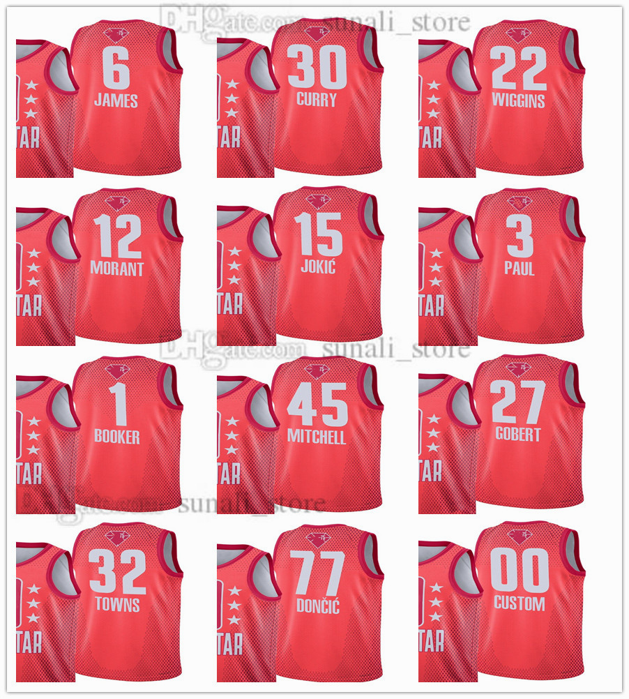 

2022 All-Star Western Basketball Jerseys Stephen Curry LeBron Nikola James Jokic Andrew Wiggins Ja Morant Doncic Booker Gobert Mitchell Paul, Black;red