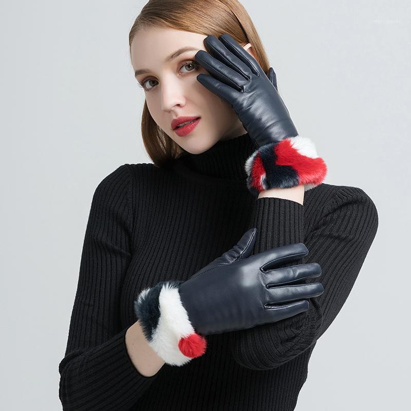 

NH Winter Real Leather Gloves Women Fashion Navy Blue Black Touch Screen Gloves Soft Warm Wrist with Fur New Fashion Mittens1