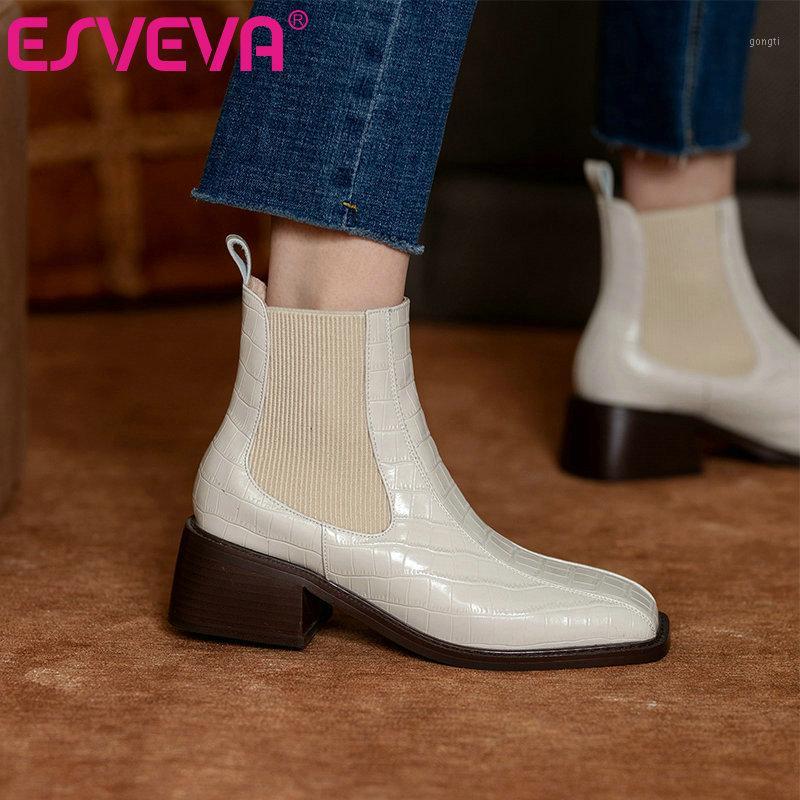 

ESVEVA 2021 Slip On Round Toe Square Med Heel PU+Leather Ankle Boots Women Boots Shoes Western Style Black Size 34-391