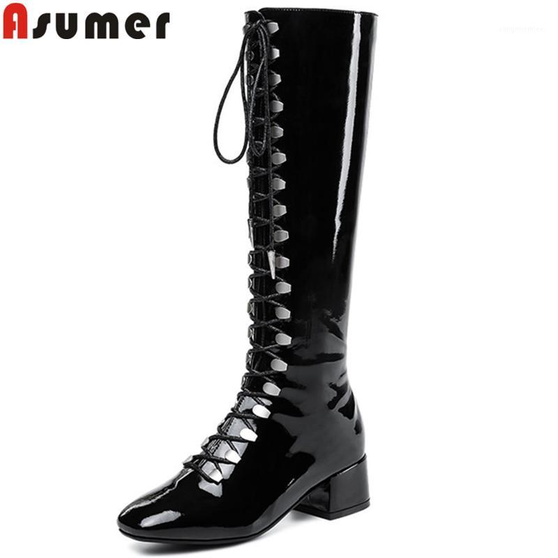 

ASUMER big size 34-43 fashion knee high boots square toe lace up autumn winter boots cross tied ladies motorcycles women1, Black