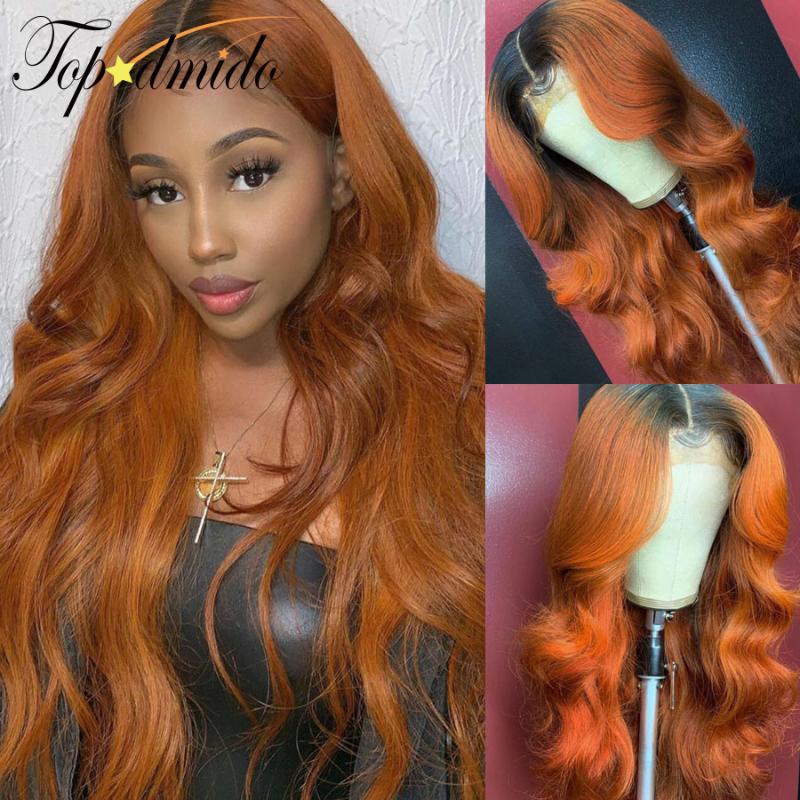 

Topodmido Ombre Color 13x6 Lace Front Wig with Baby Hair Orange Red Color Brazilian Remy Human Hair Wigs Body Wave Lace Wigs, As pic