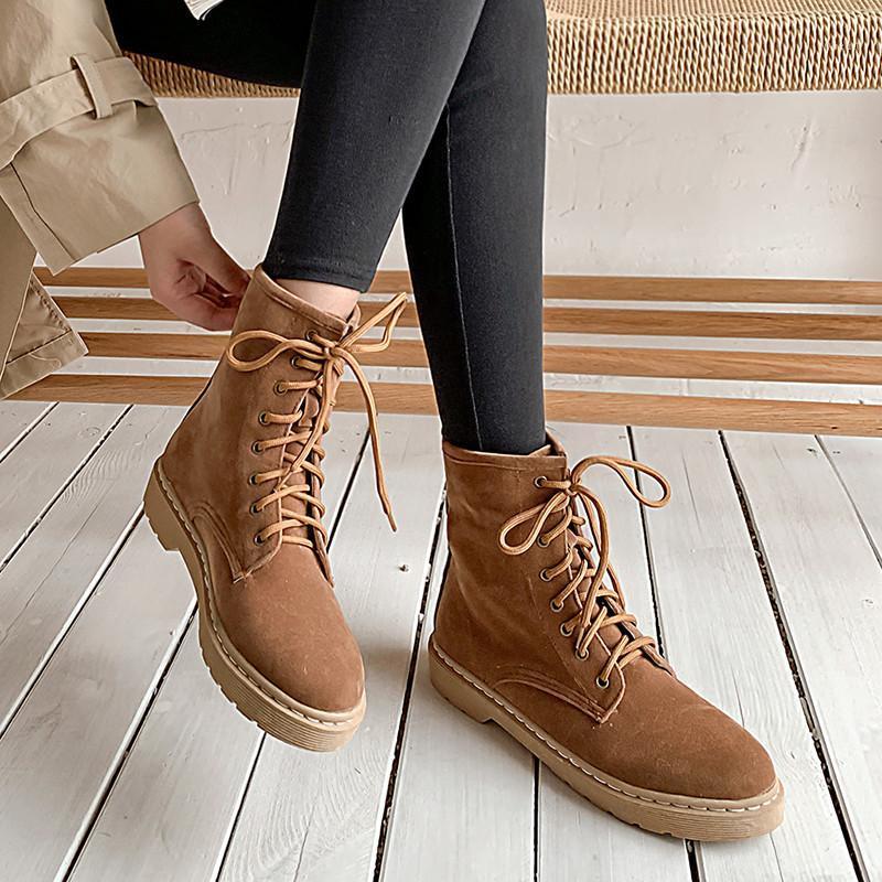 

YMECHIC 2021 New Platform Chunky Heel Lace Up Suede Womens Boots Ankle Winter Shoes Black Biker Combat Boots Plus Size1, Beige