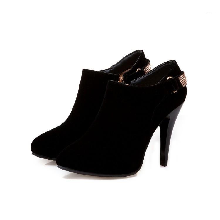 

PQECFS Big size 31-50 high quality 2020 spring & autumn women solid metal decoration platform high heels ankle boots 3 colors1, Black