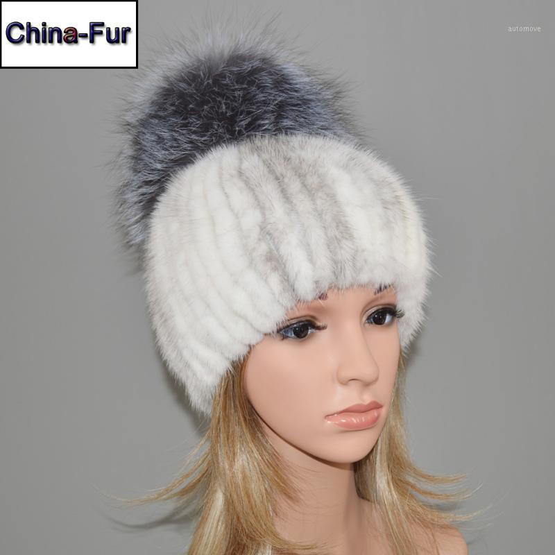

2020 Fashion Winter Warm Women Knitting Real Caps Natural Real Hats Genuine Big Fur Ball Beanies Hat1, Black