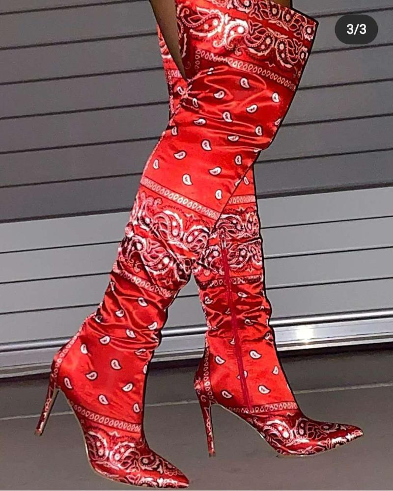 

Winter Paisl Women Boots Fashion Paisley Bag Pointy Toe Punk High Thin Heels Over The Knee Long Boots Autumn Booties 2020, Black