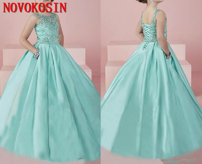 

New Shinning Girl's Pageant Dresses 2020 Beaded Crystal Satin Mint Green Flower Girl Gowns Formal Party Dress For Tens Kids, As photo