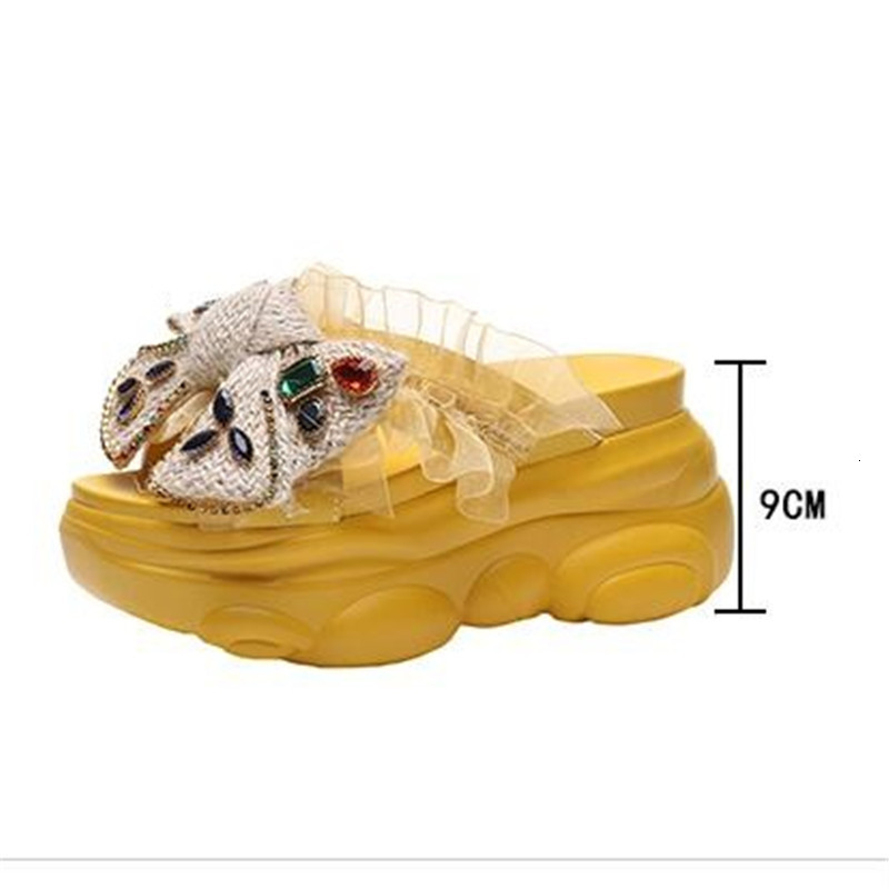 

2021 New 9 in Slippers Will See Crystal Butterfly-knot Women Thick Female Straps Casual High Shoes XL7D, Black