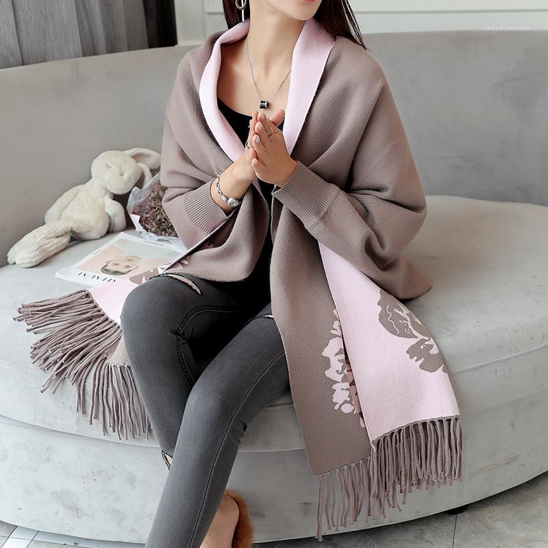 

Autumn New Women's Wool Elegant Socialite Cashmere Tassel Cardigan Embroidery Flower Scarves Sweaters Batwing Sleeves Scarf1, Gray
