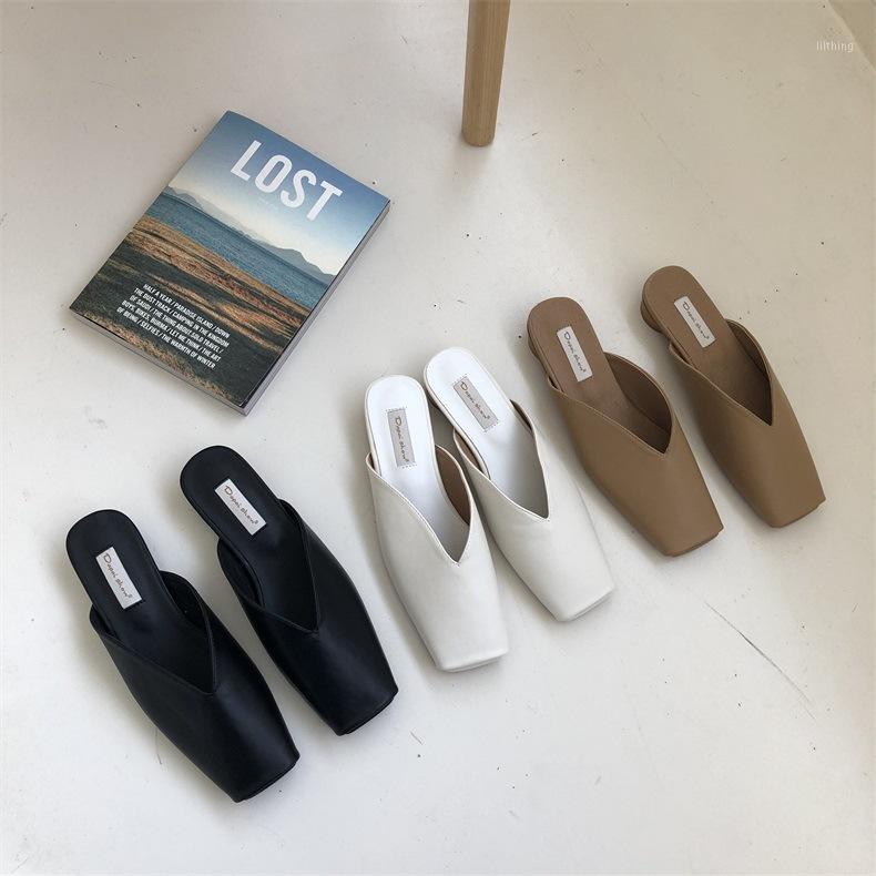 

2020 Women's New Net Red Half Slippers Wear Sandals and Slippers Flat Heelless Grandma Shoes Lazy Baotou Large Size Shoes1, Beige