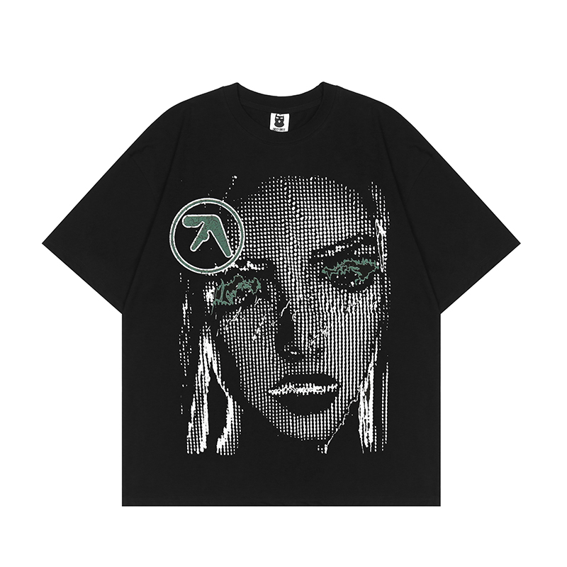 

Women Print Short Sleeve Tops Black Summer T Shirts Men Crew Neck Spliced Cotton Tees Loose