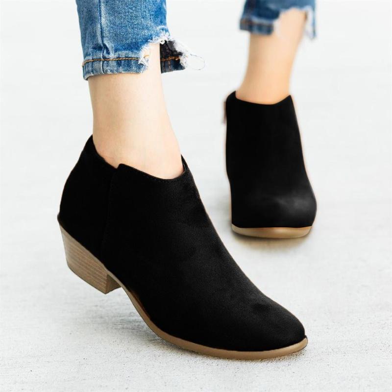 

Women Shoes New Fashion Leopard Print Sexy Pointed Toe Short Ankle Boots Slip on Square Heel Women Boots Lady Retro Shoes #40, Black